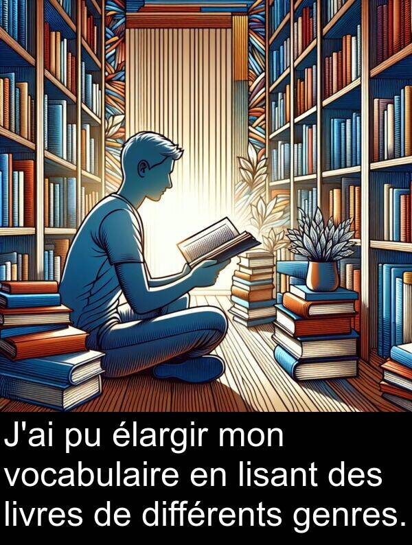 vocabulaire: J'ai pu élargir mon vocabulaire en lisant des livres de différents genres.