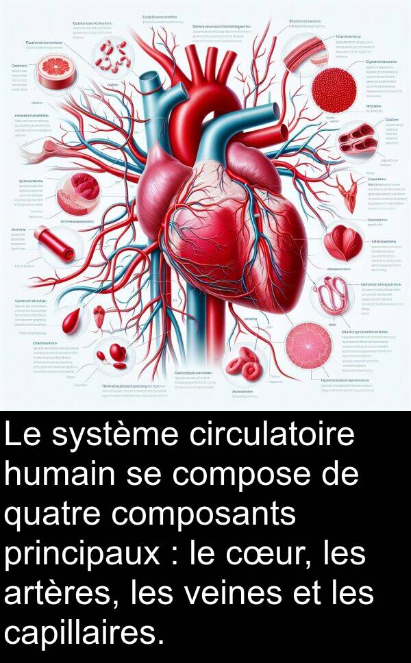 quatre: Le système circulatoire humain se compose de quatre composants principaux : le cœur, les artères, les veines et les capillaires.