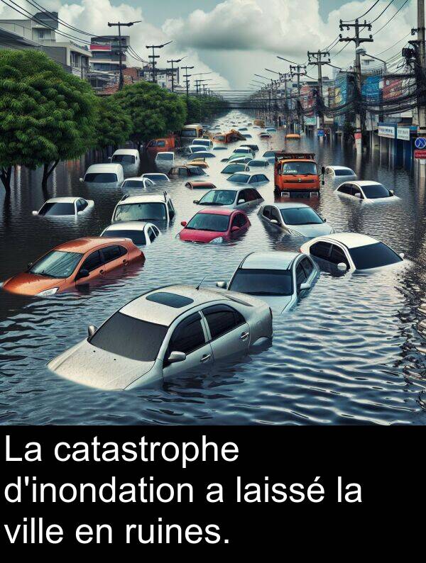 laissé: La catastrophe d'inondation a laissé la ville en ruines.