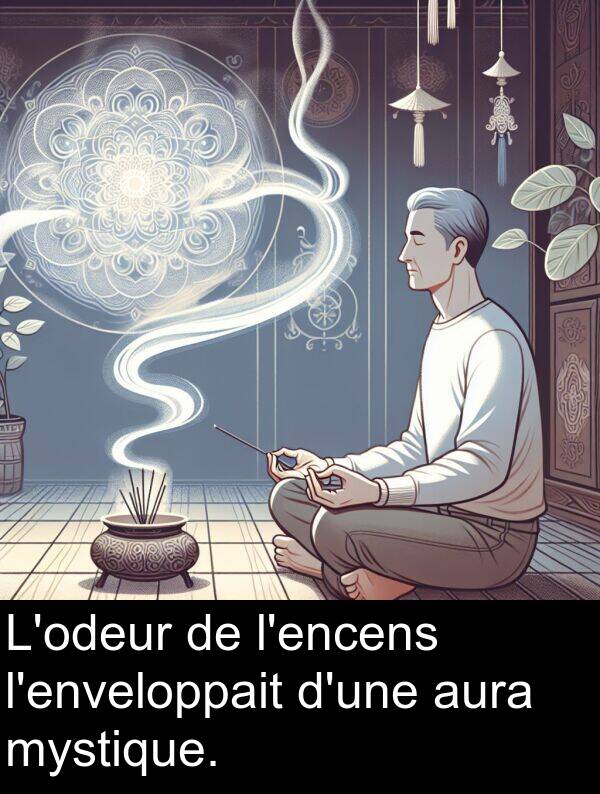 aura: L'odeur de l'encens l'enveloppait d'une aura mystique.