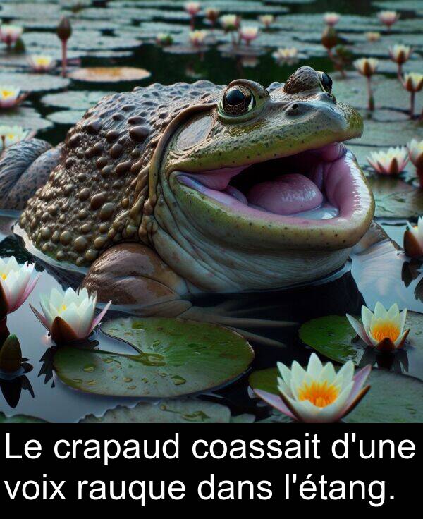 voix: Le crapaud coassait d'une voix rauque dans l'étang.