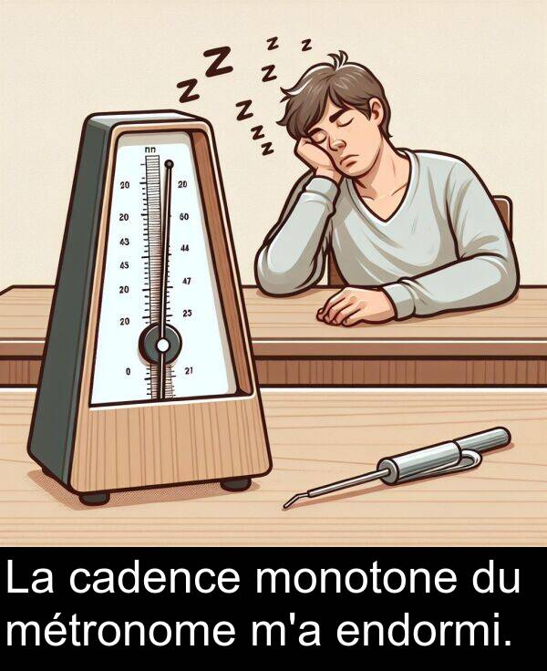 monotone: La cadence monotone du métronome m'a endormi.