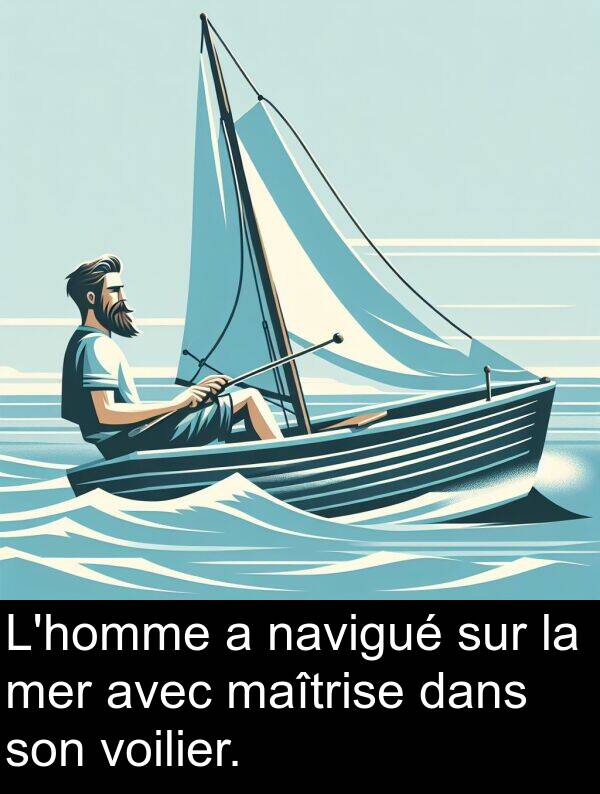 voilier: L'homme a navigué sur la mer avec maîtrise dans son voilier.