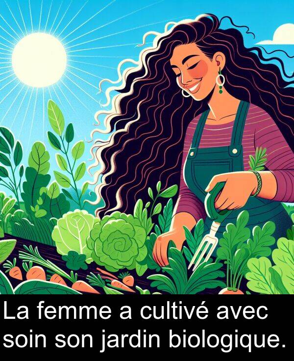 soin: La femme a cultivé avec soin son jardin biologique.