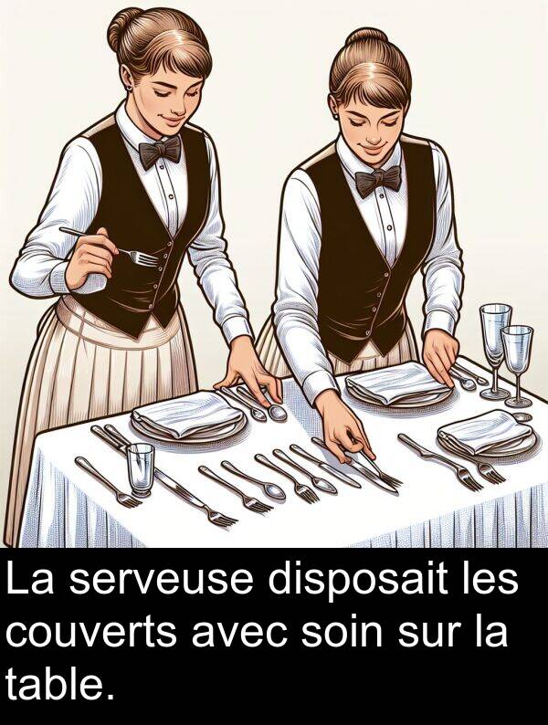 table: La serveuse disposait les couverts avec soin sur la table.