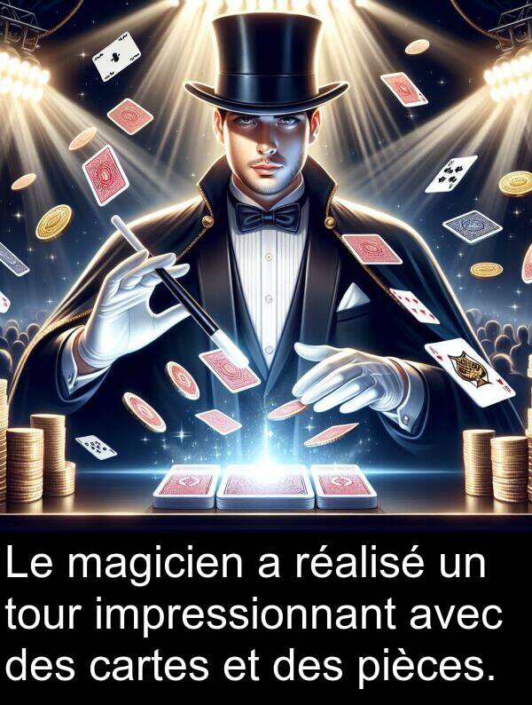 magicien: Le magicien a réalisé un tour impressionnant avec des cartes et des pièces.