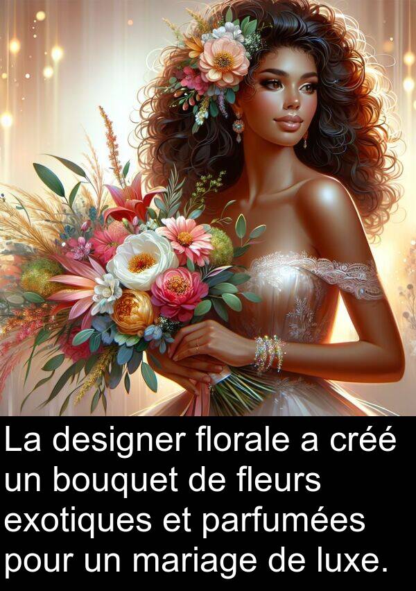 mariage: La designer florale a créé un bouquet de fleurs exotiques et parfumées pour un mariage de luxe.