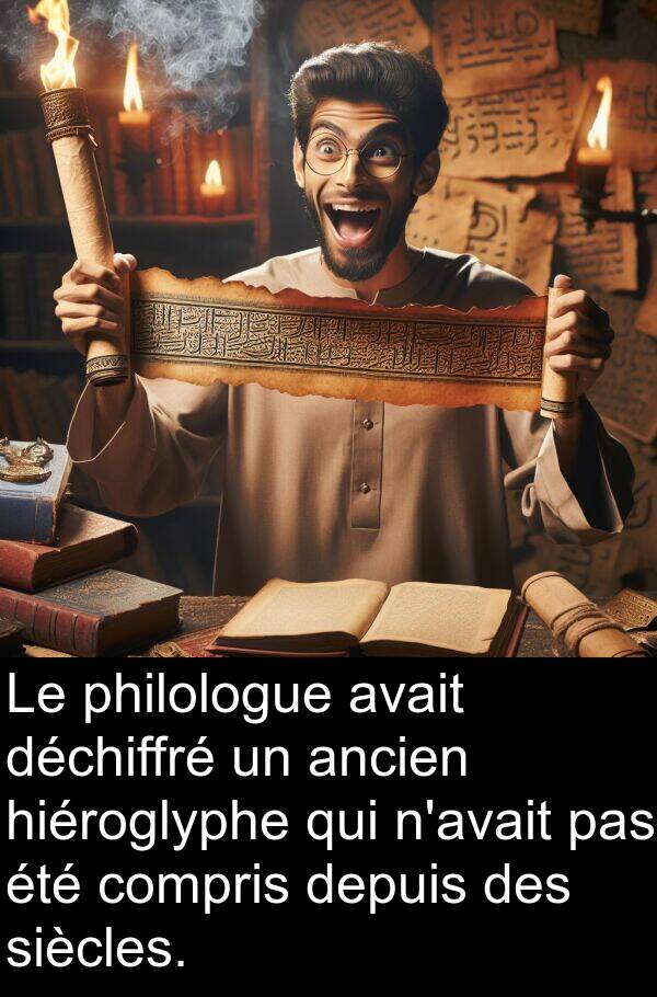 hiéroglyphe: Le philologue avait déchiffré un ancien hiéroglyphe qui n'avait pas été compris depuis des siècles.