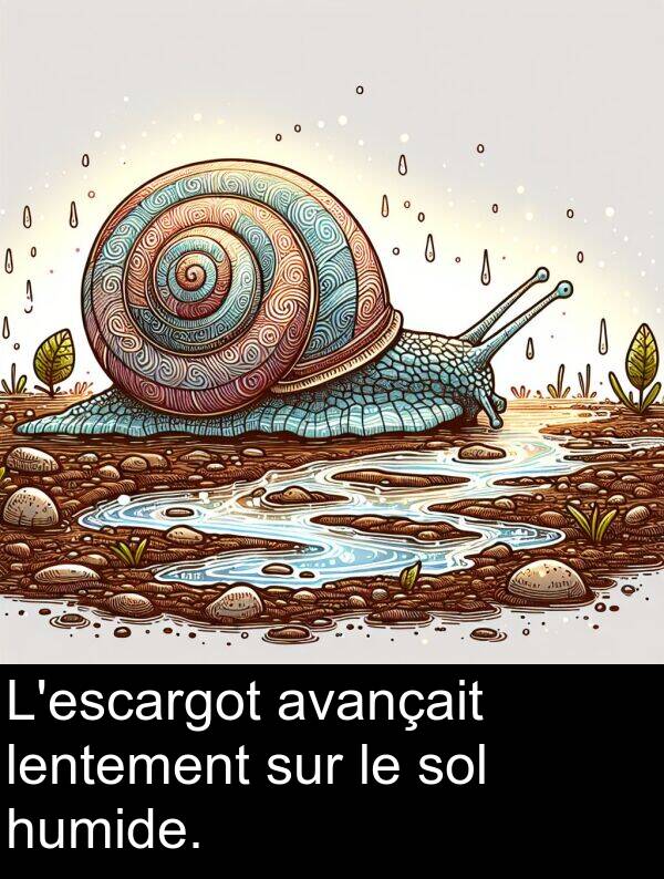 lentement: L'escargot avançait lentement sur le sol humide.