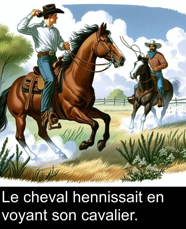 voyant: Le cheval hennissait en voyant son cavalier.