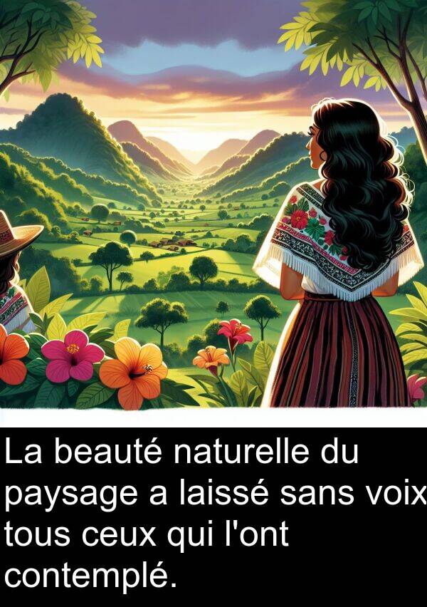 voix: La beauté naturelle du paysage a laissé sans voix tous ceux qui l'ont contemplé.