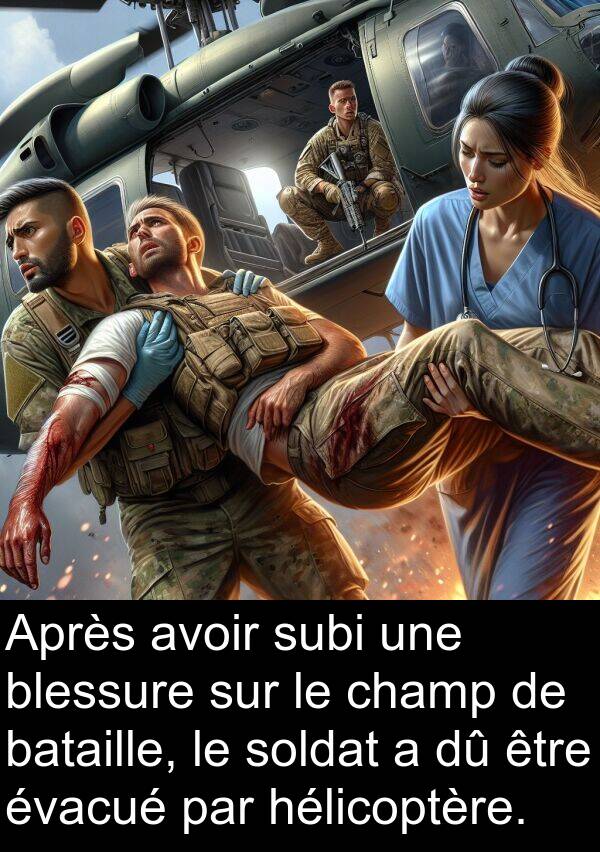 hélicoptère: Après avoir subi une blessure sur le champ de bataille, le soldat a dû être évacué par hélicoptère.