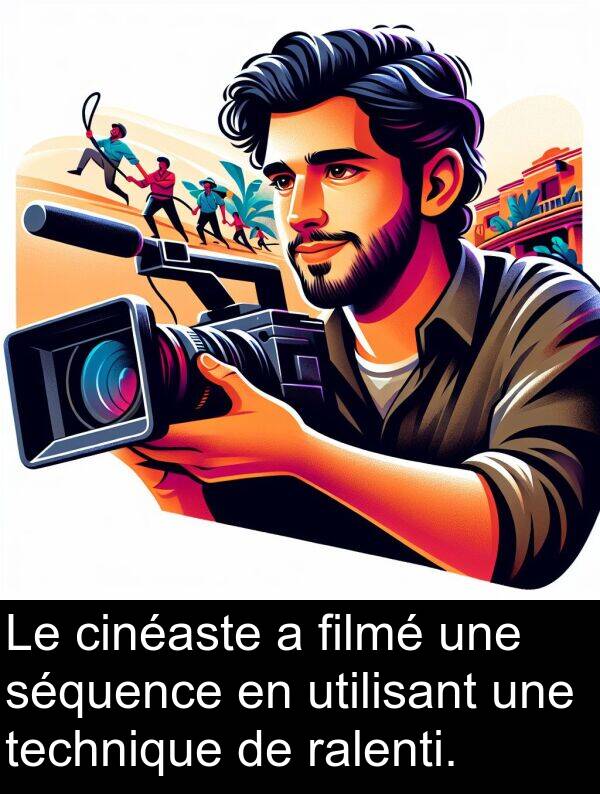 utilisant: Le cinéaste a filmé une séquence en utilisant une technique de ralenti.