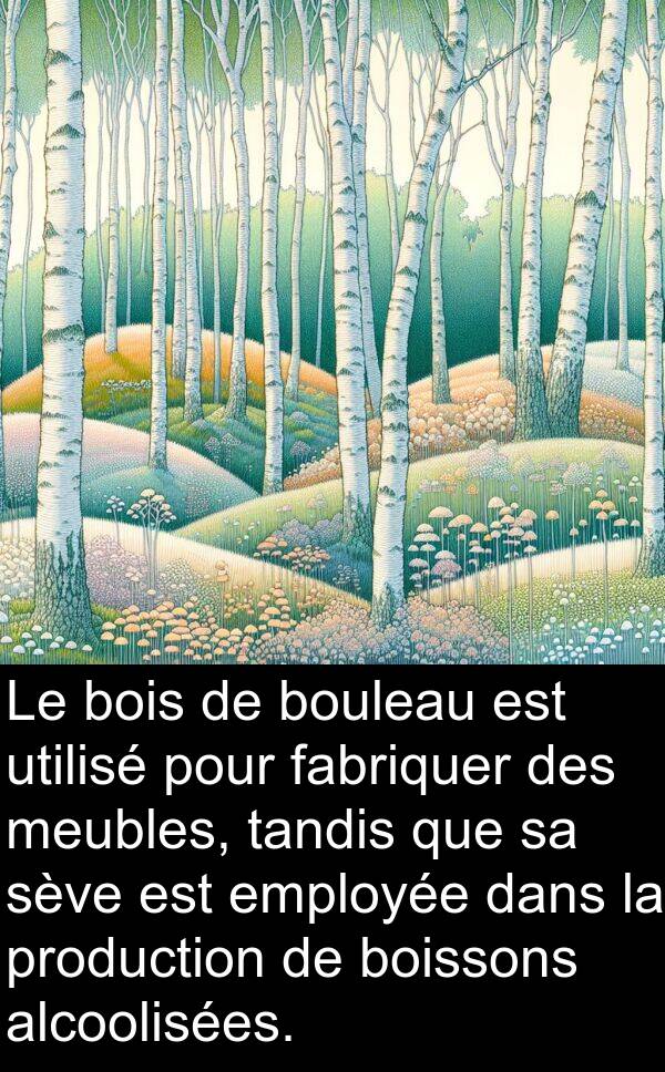 utilisé: Le bois de bouleau est utilisé pour fabriquer des meubles, tandis que sa sève est employée dans la production de boissons alcoolisées.