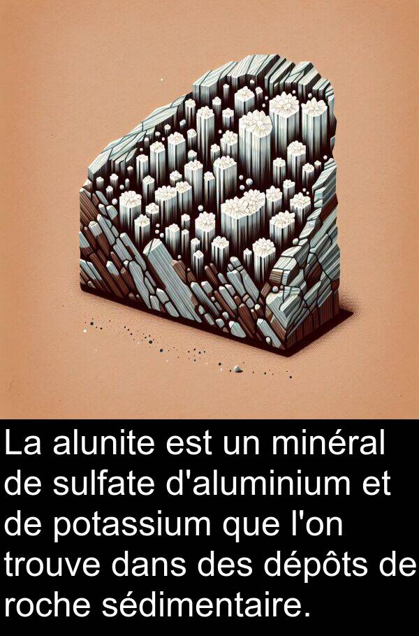 roche: La alunite est un minéral de sulfate d'aluminium et de potassium que l'on trouve dans des dépôts de roche sédimentaire.