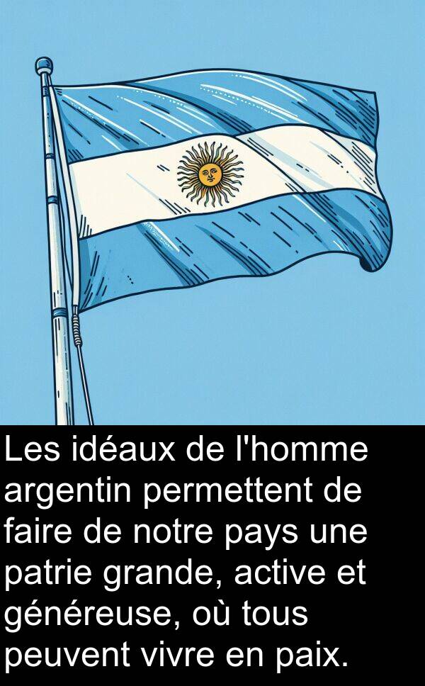 vivre: Les idéaux de l'homme argentin permettent de faire de notre pays une patrie grande, active et généreuse, où tous peuvent vivre en paix.