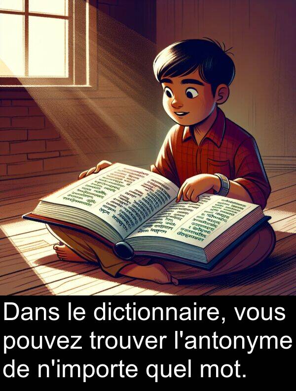 vous: Dans le dictionnaire, vous pouvez trouver l'antonyme de n'importe quel mot.