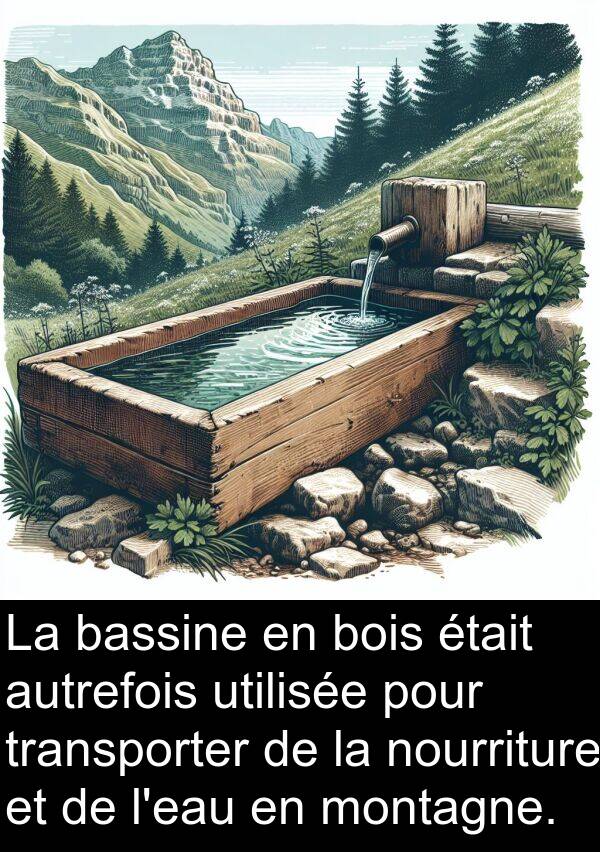 utilisée: La bassine en bois était autrefois utilisée pour transporter de la nourriture et de l'eau en montagne.