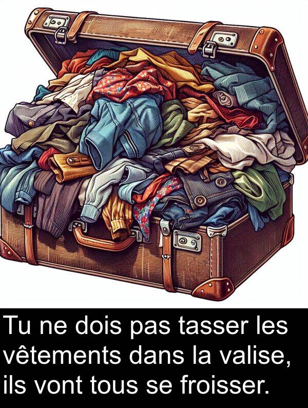 valise: Tu ne dois pas tasser les vêtements dans la valise, ils vont tous se froisser.