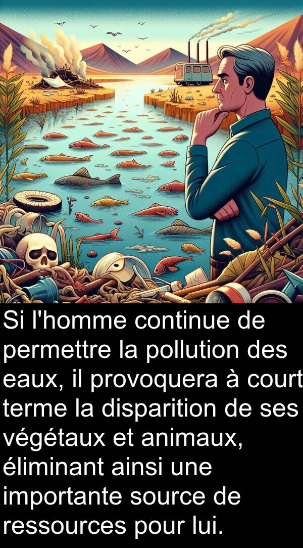 végétaux: Si l'homme continue de permettre la pollution des eaux, il provoquera à court terme la disparition de ses végétaux et animaux, éliminant ainsi une importante source de ressources pour lui.