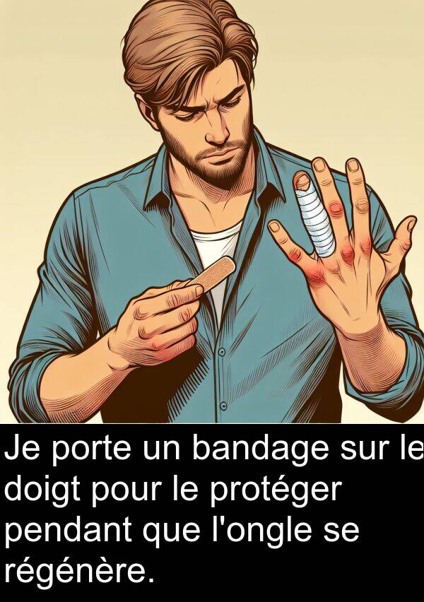 porte: Je porte un bandage sur le doigt pour le protéger pendant que l'ongle se régénère.