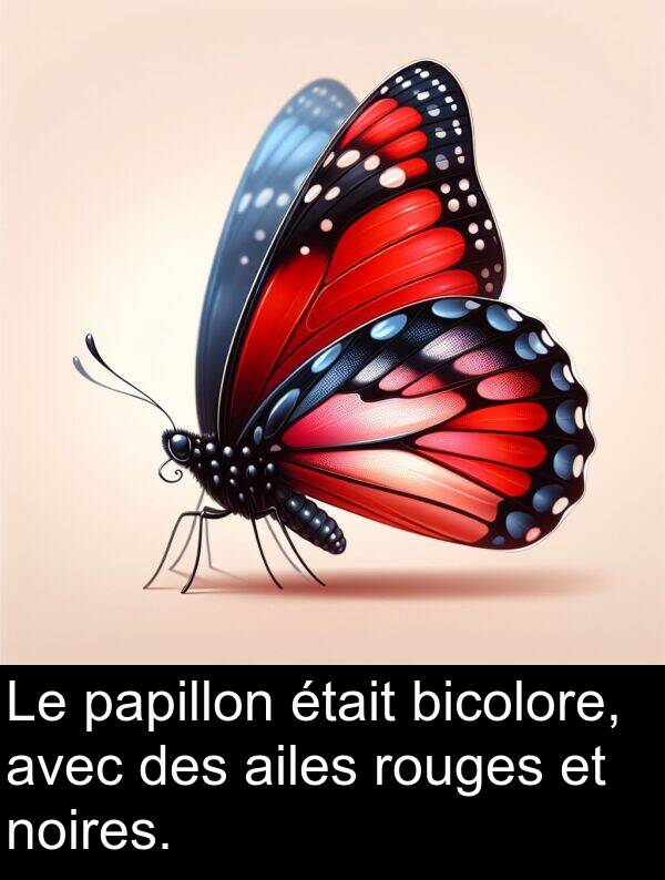 papillon: Le papillon était bicolore, avec des ailes rouges et noires.