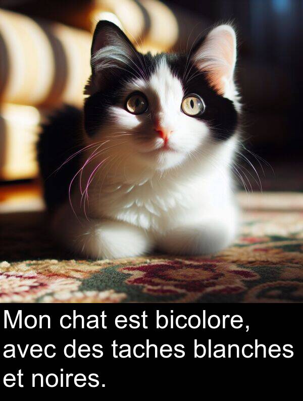 blanches: Mon chat est bicolore, avec des taches blanches et noires.