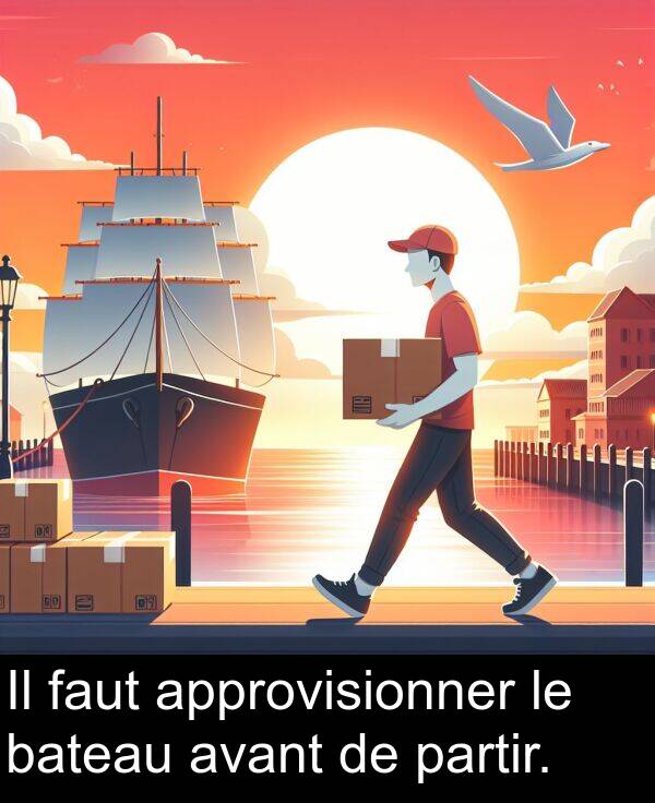 approvisionner: Il faut approvisionner le bateau avant de partir.