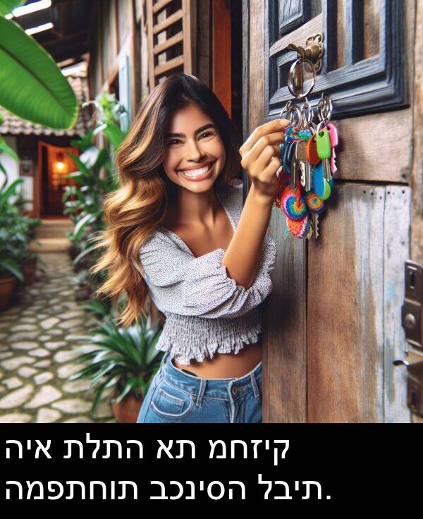 תלתה: היא תלתה את מחזיק המפתחות בכניסה לבית.