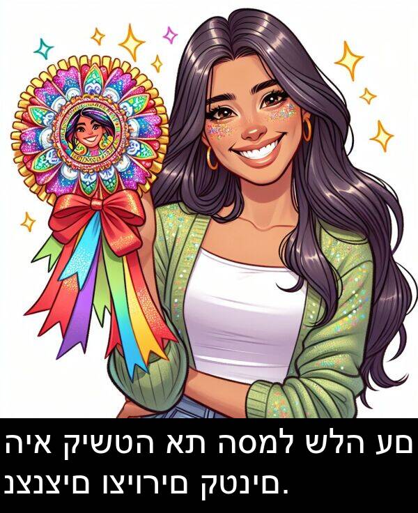 קישטה: היא קישטה את הסמל שלה עם נצנצים וציורים קטנים.