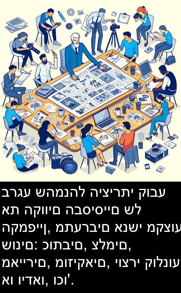 כותבים: ברגע שהמנהל היצירתי קובע את הקווים הבסיסיים של הקמפיין, מתערבים אנשי מקצוע שונים: כותבים, צלמים, מאיירים, מוזיקאים, יוצרי קולנוע או וידאו, וכו'.