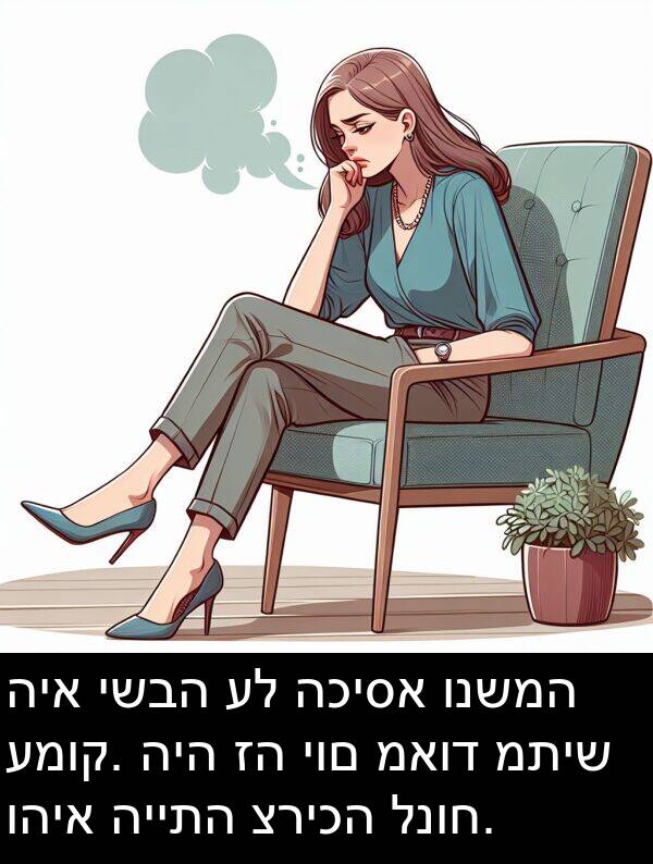 ישבה: היא ישבה על הכיסא ונשמה עמוק. היה זה יום מאוד מתיש והיא הייתה צריכה לנוח.