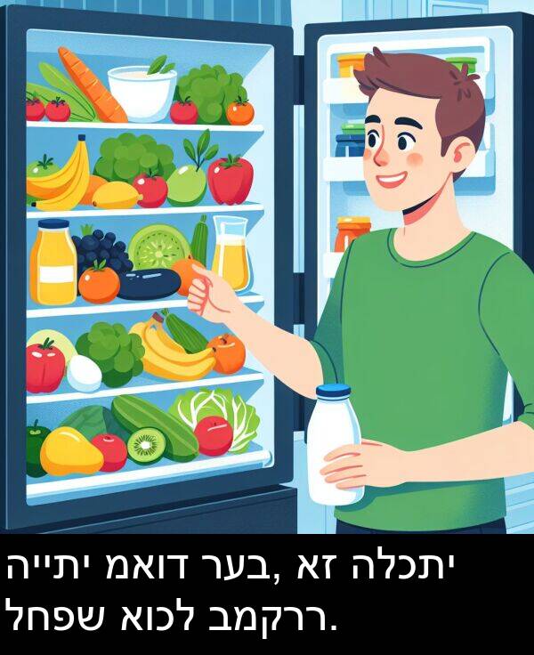 רעב: הייתי מאוד רעב, אז הלכתי לחפש אוכל במקרר.