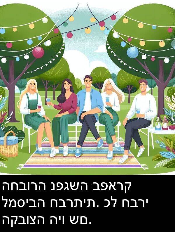 חברי: החבורה נפגשה בפארק למסיבה חברתית. כל חברי הקבוצה היו שם.