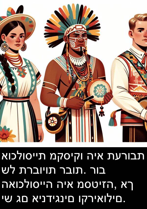 תערובת: אוכלוסיית מקסיקו היא תערובת של תרבויות רבות. רוב האוכלוסייה היא מסטיזה, אך יש גם אינדיגנים וקריאולים.