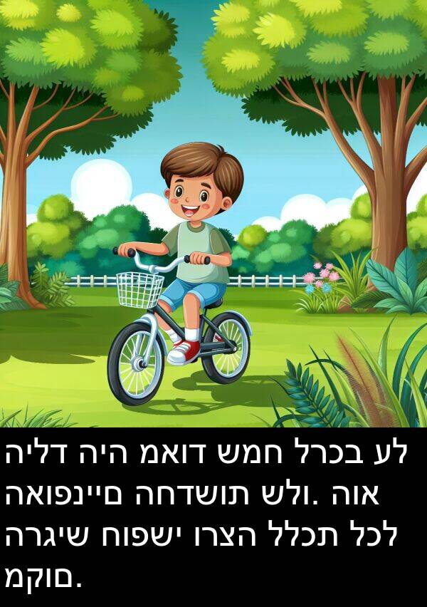 האופניים: הילד היה מאוד שמח לרכב על האופניים החדשות שלו. הוא הרגיש חופשי ורצה ללכת לכל מקום.