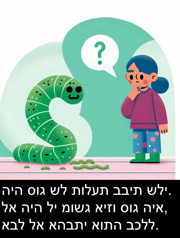 תולעת: היה סוג של תולעת בבית שלי. לא היה לי מושג איזו סוג היא, אבל לא אהבתי אותה בכלל.