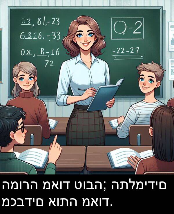 טובה: המורה מאוד טובה; התלמידים מכבדים אותה מאוד.