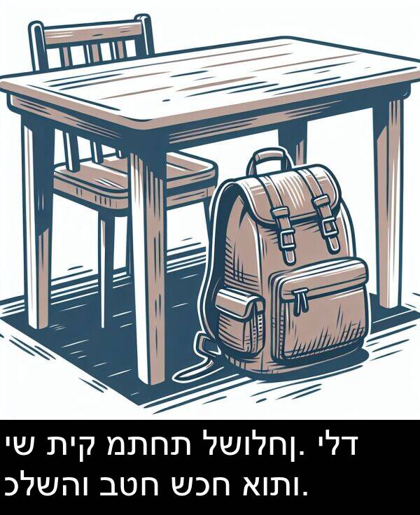 תיק: יש תיק מתחת לשולחן. ילד כלשהו בטח שכח אותו.