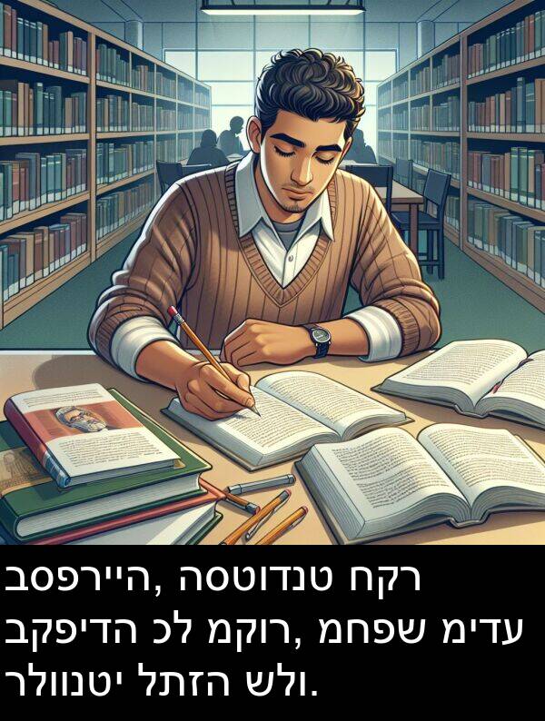 רלוונטי: בספרייה, הסטודנט חקר בקפידה כל מקור, מחפש מידע רלוונטי לתזה שלו.