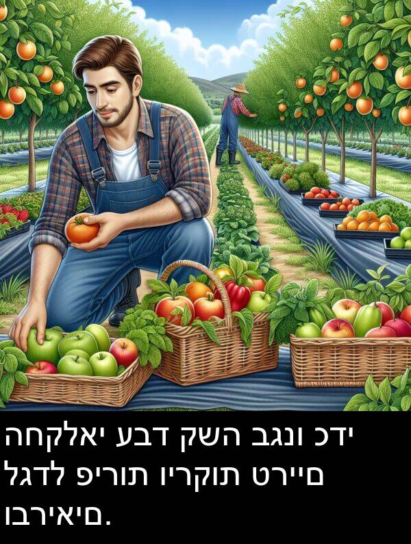 טריים: החקלאי עבד קשה בגנו כדי לגדל פירות וירקות טריים ובריאים.