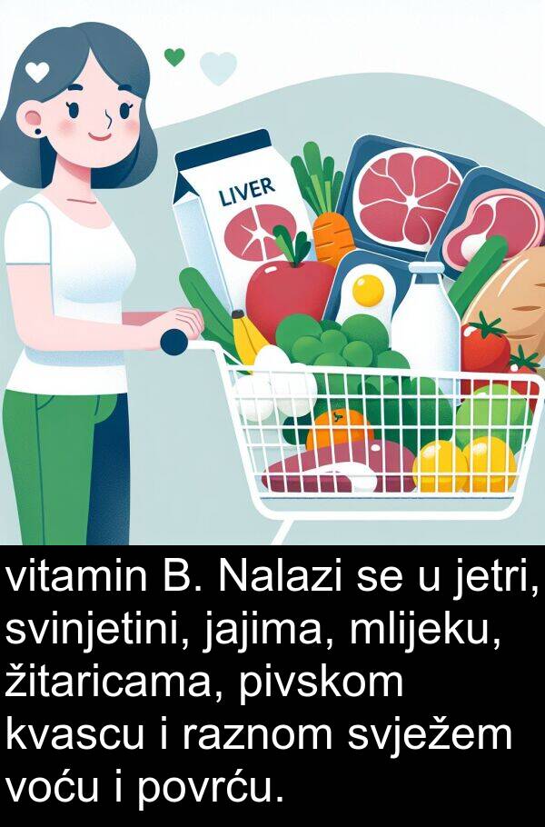 raznom: vitamin B. Nalazi se u jetri, svinjetini, jajima, mlijeku, žitaricama, pivskom kvascu i raznom svježem voću i povrću.