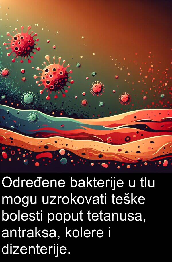 bolesti: Određene bakterije u tlu mogu uzrokovati teške bolesti poput tetanusa, antraksa, kolere i dizenterije.