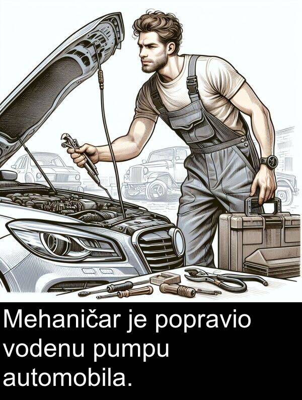 automobila: Mehaničar je popravio vodenu pumpu automobila.