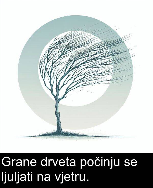 vjetru: Grane drveta počinju se ljuljati na vjetru.