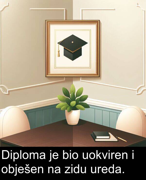 obješen: Diploma je bio uokviren i obješen na zidu ureda.