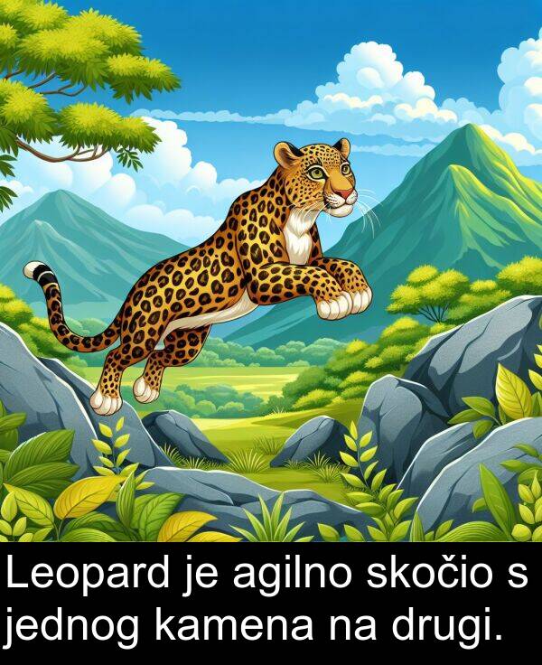 kamena: Leopard je agilno skočio s jednog kamena na drugi.