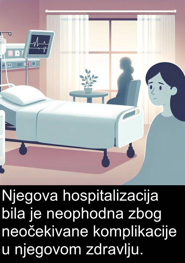 hospitalizacija: Njegova hospitalizacija bila je neophodna zbog neočekivane komplikacije u njegovom zdravlju.