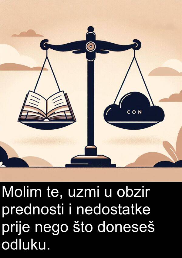 odluku: Molim te, uzmi u obzir prednosti i nedostatke prije nego što doneseš odluku.