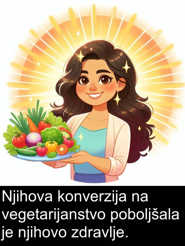 vegetarijanstvo: Njihova konverzija na vegetarijanstvo poboljšala je njihovo zdravlje.